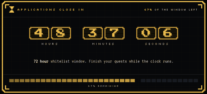 A yellow countdown timer on a black background shows 48 hours, 37 minutes, and 06 seconds remaining, with "APPLICATIONS CLOSE IN" at the top and "72 hour whitelist window. Finish your quests while the clock runs." displayed below, indicating a 24-hour giveaway for ZeckersNFT whitelist spots is still ongoing.