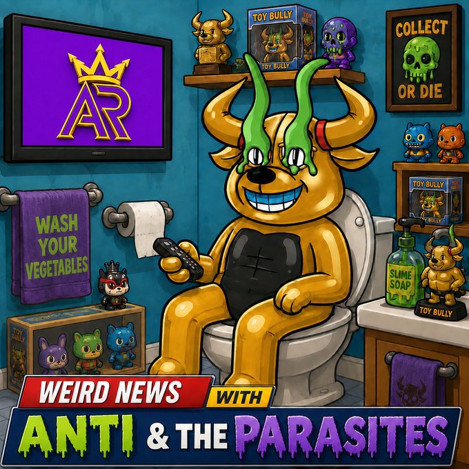 Cartoon-style podcast artwork titled 'Weird News with Anti & The Parasites' featuring a horned yellow character sitting on a toilet surrounded by 'Toy Bully' collectibles and a 'Collect or Die' skull poster.