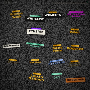 A dark gray textured graphic displaying various colorful text labels and handles, including 'Brandon Walsh', 'WGMEETS', 'WHITELIST', 'ETHERIA', 'Kalin Warwick', 'Nerd Peck', 'Spaced Painter', 'Dragonate', 'Mirror', 'Yura Miron', 'Flipping', 'Lippin Mighan', 'DAO', and 'ROGER VER'.