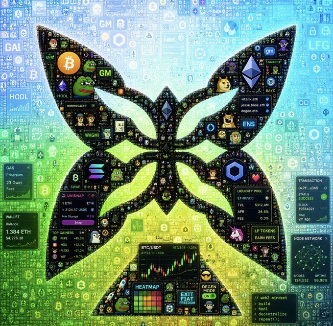 A colorful NFT-style artwork featuring a butterfly silhouette filled with cryptocurrency and web3 iconography, including Bitcoin, Ethereum, Pepe, Doge, and various DeFi/chain logos on a blue-to-green gradient background.