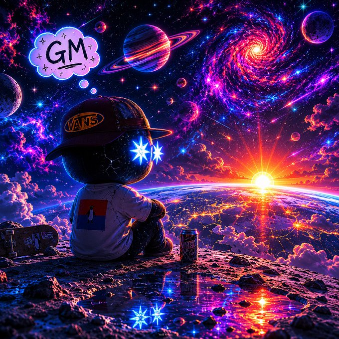 This image features a cartoon-like character with glowing eyes and "CT" in his thought bubble, wearing a visor and a Vans baseball cap, while sitting in a dreamy landscape looking at a planet with red and orange rings and what appears to be a sunset. In the background, there are colorful planets, stars, and clouds. The accompanying post's message reads, "GM CT, don't let them shake you out, anon" and seems to refer to CT - possibly alluding to a thought or mindset to keep the viewer determined, reflective, or calm despite challenges.