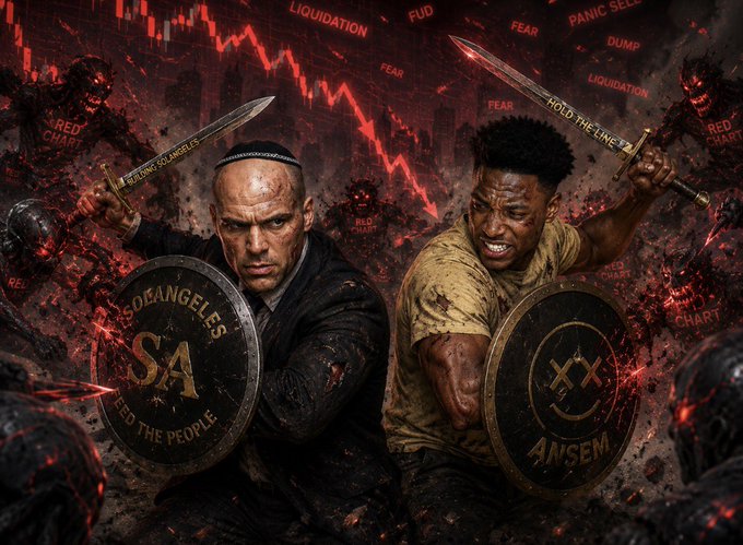 A dramatic digital artwork showing two men armed with swords and shields—one reading 'SOEANGELES' and the other 'ANSEM'—battling demonic figures amid a red financial chart displaying words like 'LIQUIDATION', 'FUD', and 'FEAR'.