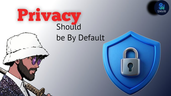 A graphic displays the text 'Privacy Should be By Default' alongside a blue shield with a padlock icon, with an SNVR logo in the corner and an illustrated character on the left.