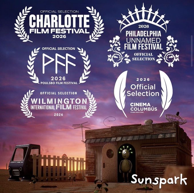 A promotional poster for the film 'Sunspark' displaying multiple 2026 film festival laurels including Charlotte Film Festival, PFF, Philadelphia Unnamed Film Festival, Wilmington International Film Festival, and Cinema Columbus, overlaid on a sunset scene with a quirky character.