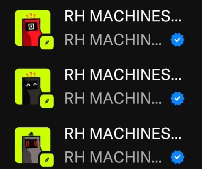 Three Roblox-style icons with text 'RH MACHINES...' and blue verification checkmarks beside them.