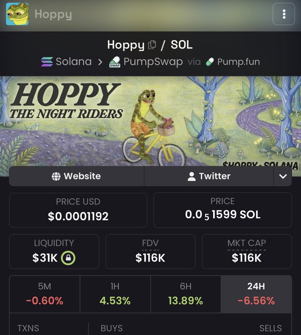 The image displays a token tracking page for "Hoppy" ($Hoppy/SOL), a meme coin on the Solana blockchain accessible via PumpSwap and Pump.fun, priced at $0.0001192 with a market cap of $116K. The page features "Hoppy: The Night Riders" artwork of a frog on a bicycle and shows mixed price performance over various timeframes, aligning with the post's claim about buying the coin at a $100K market cap with ambitions to grow it significantly.