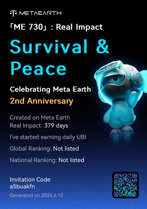 The text of the image includes a picture of a robot with a blue color tone that reads "ME 730: Real Impact". The post focuses on a robot wearing a helmet, a symbol often used for protection or achievement, and says "Survival & Peace". It encourages users to join and create their own impact. This post is likely promoting the idea of using MetaEarth's platform as a tool to connect with others, share stories, and collectively work towards a better world in terms of personal growth and financial stability through real impact.