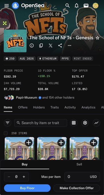 A mobile screenshot of OpenSea showing "The School of NFTs - Genesis" collection with a floor price of $282.39 (1D floor up 150.1%), 17/250 listed items, and total volume of $28.8K—highlighting a strong rebound that matches the excited "Yoooo Cook" reaction.