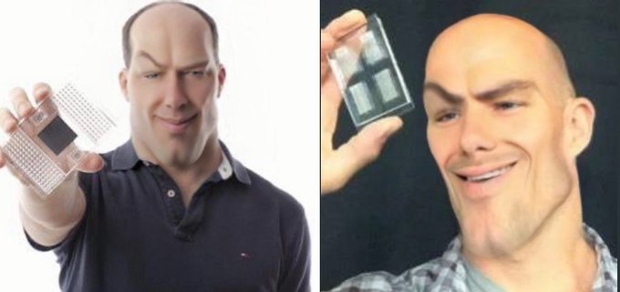 The image shows a side-by-side comparison meme of a normal-looking man on the left holding a circuit board component with a smug expression, contrasted with an exaggerated, stretched, smug-faced version of a bald man on the right holding a similar electronic component. 

This relates to the post about $ABCL and Epselexa by using a popular meme format that humorously depicts escalating excitement or anticipation—the more "crazy" or intensely smug face on the right represents how eagerly the poster is waiting for news about Epselexa, compared to a more restrained interest in $ABCL.