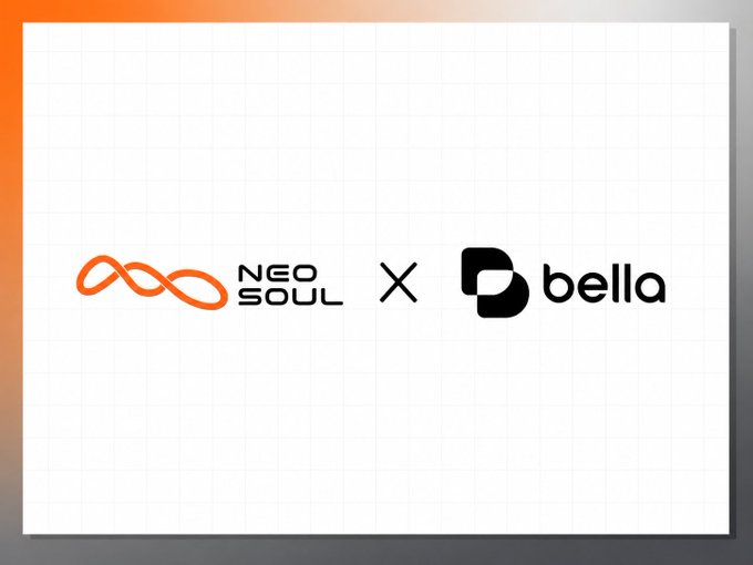 A collaboration announcement graphic featuring the NeoSoul logo (orange infinity-style symbol with "NEO SOUL" text) paired with the Bella Protocol logo (black "P" icon with "bella" text), separated by an "X" symbol on a white grid background with an orange-to-gray gradient border. The image visually represents the partnership between NeoSoul AI and Bella Protocol, illustrating how the two platforms work together to connect market intelligence with autonomous execution.