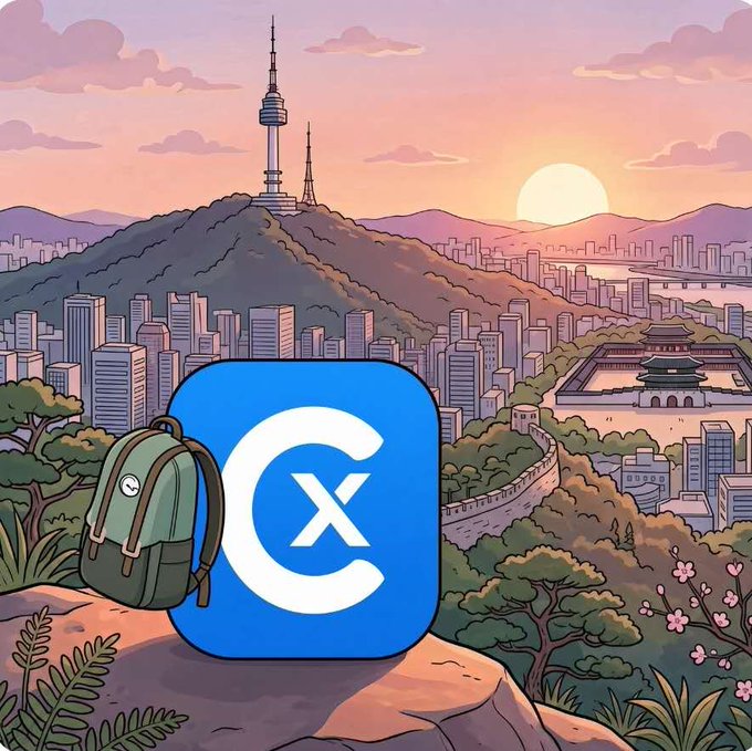 An illustrated scene of Seoul featuring Namsan Tower, the Great Wall-like city wall, and a sunset skyline, with a backpack graphic and the blue 'C' exchange logo superimposed in the foreground.