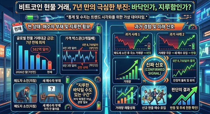 Korean-language financial infographic titled '비트코인 현물 거래, 7년 만의 극심한 부진: 바닥인가, 지루함인가?' analyzing Bitcoin spot trading decline with bar charts, candlestick charts, and bearish market signals.