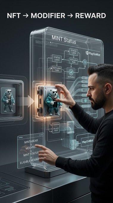 A digital illustration showing a man interacting with a holographic interface displaying 'MINT Status', 'PlayOnMint', and 'NFT → MODIFIER → REWARD' text alongside bear figurines.