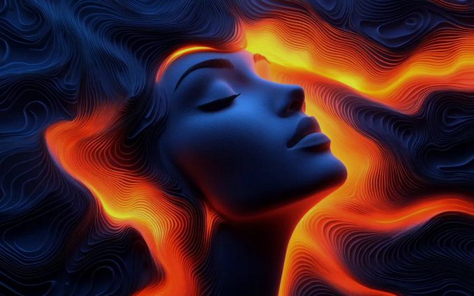 A stylized digital artwork depicts a woman's face in profile with closed eyes, surrounded by flowing blue and orange wave-like patterns.