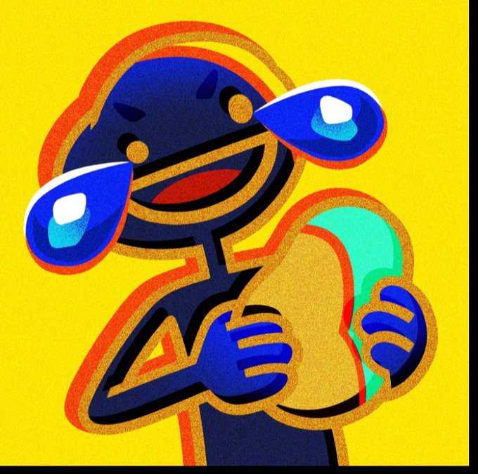 The image features a cartoon character with blue eyes, black hair, and a big smile holding up a piece of bread or cake. The background is yellow, which contrasts with the character's dark appearance. Below the image, there is text that reads "Want to thank @jessicakomori for getting me an $LMAO testicular pfp." This message seems to be related to the cartoon character and its content.