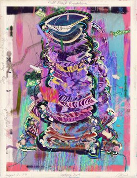 An abstract mixed-media artwork with chaotic purple, pink, blue, and yellow scribbles and markings, with handwritten text 'Dust Blood Dragon' at the top.