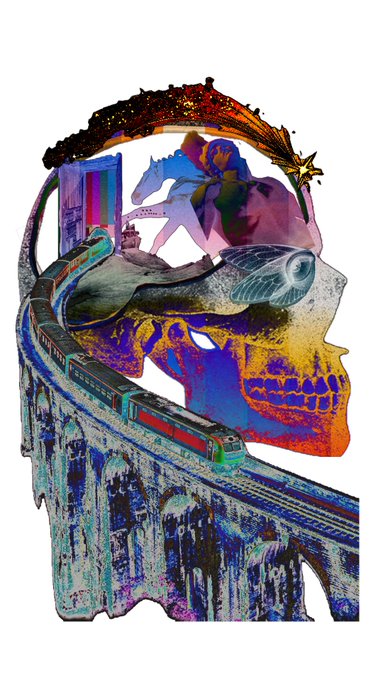 A surreal, psychedelic digital collage features a large profile of a colorful skull-like face, with a train traveling along an arched stone bridge across the lower portion and a person riding a horse framed within an arch at the top.