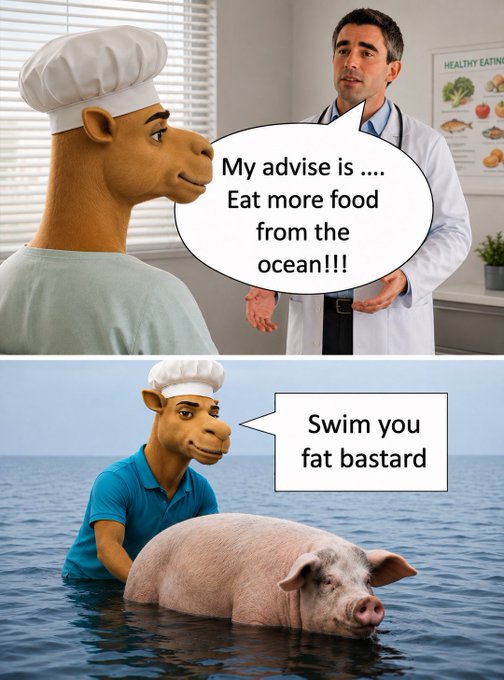 A two-panel meme features a camel-headed figure in a chef's hat getting advice from a doctor to "Eat more food from the ocean!!!" and then telling a pig to "Swim you fat bastard" while in the water.