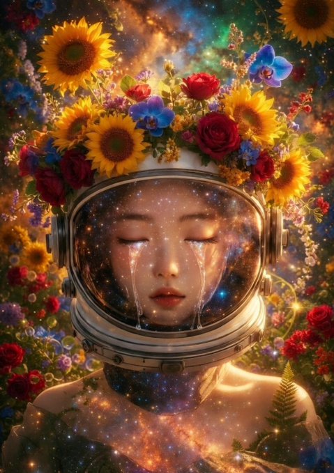 A surreal digital artwork features a woman with closed eyes wearing an astronaut helmet filled with a starry galaxy, with luminous tears streaming down her face, surrounded by a vibrant crown of sunflowers, roses, and other flowers against a cosmic background.