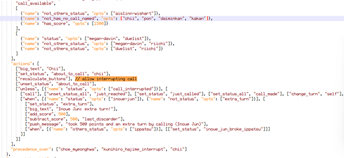 A code snippet displays JSON configuration for a chatbot with function calls, action buttons including "#callme=interrupting call", and references to participants like "chii", "inoue_jun", and "kunihiro_hajime".