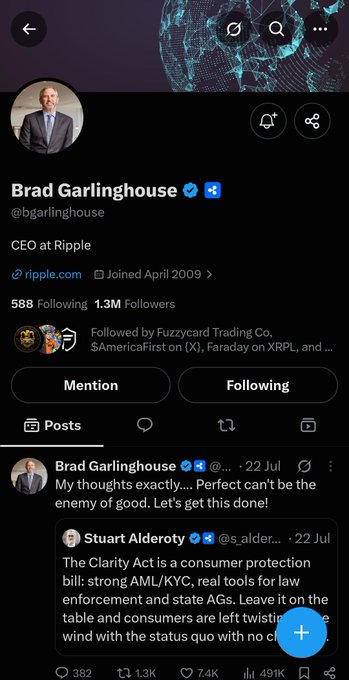 A Twitter/X profile page for Brad Garlinghouse (@bgarlinghouse), CEO at Ripple, showing a posted tweet about 'The Clarity Act' with 7.4K likes and 491K views.