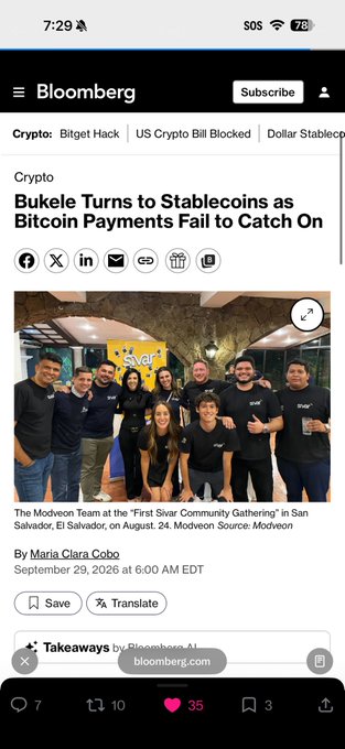 A Bloomberg article titled "Bukele Turns to Stablecoins as Bitcoin Payments Fail to Catch On" featuring a photo of "The Modveon Team at the 'First Sivar Community Gathering' in San Salvador, El Salvador, on August 24," dated September 29, 2026.