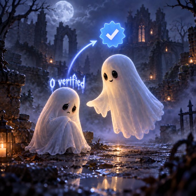 A digital artwork shows two cute ghost figures in a spooky, moonlit graveyard setting with Gothic ruins; an arrow points from a sad ghost labeled '0 verified' to a happy ghost with a blue verified checkmark.