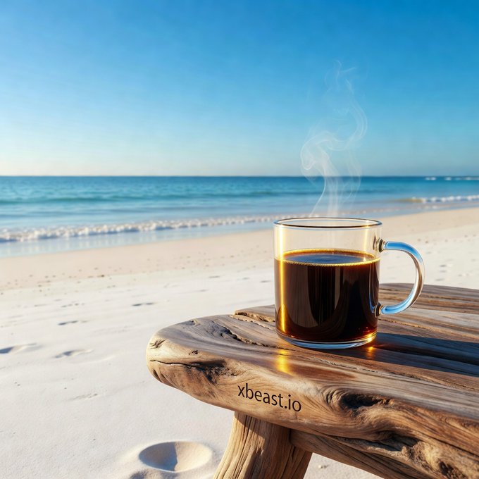 A clear glass mug filled with steaming dark coffee sits on a weathered wooden bench on a white sand beach, with calm blue ocean waves in the background and the text 'Xbeast.io' engraved on the bench.