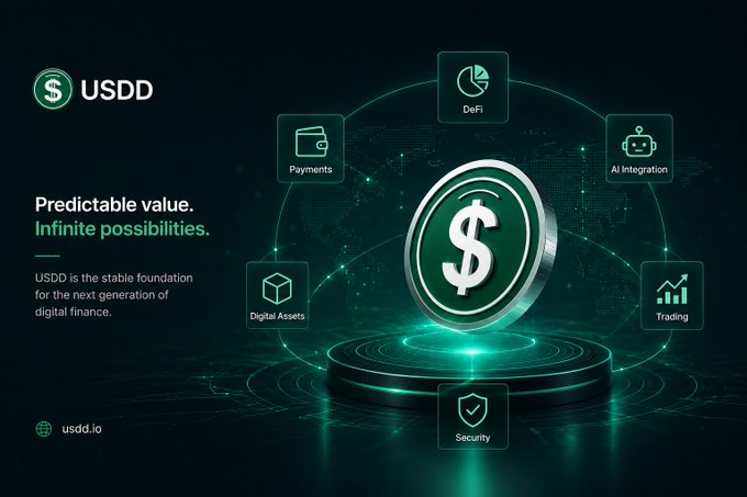 USDD stablecoin promotional graphic with the tagline 'Predictable value. Infinite possibilities,' highlighting features like DeFi, Payments, AI Integration, Trading, Digital Assets, and Security at usdd.io.