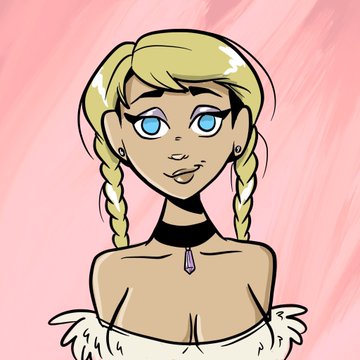 An illustrated portrait of a blonde woman with blue eyes and braided hair wearing a white fur-trimmed top against a pink background.