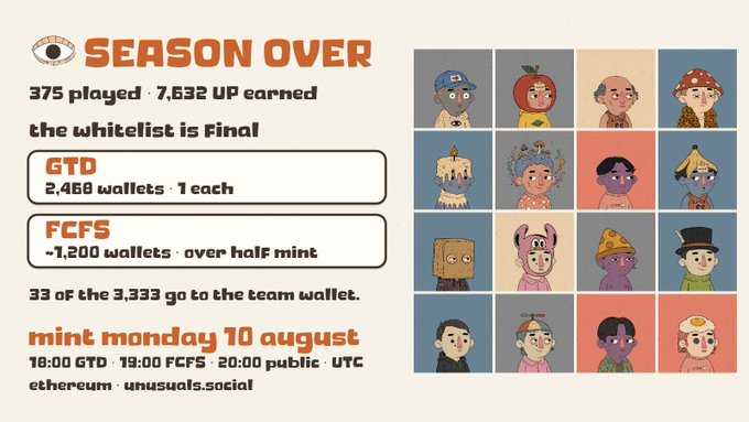 A promotional graphic for an NFT project on Ethereum with the title "SEASON OVER," stating 375 played and 7,632 UP earned, with mint scheduled for Monday 10 August at 18:00 GTD, 19:00 FCFS, and 20:00 public UTC, alongside a grid of 16 cartoon character avatars.