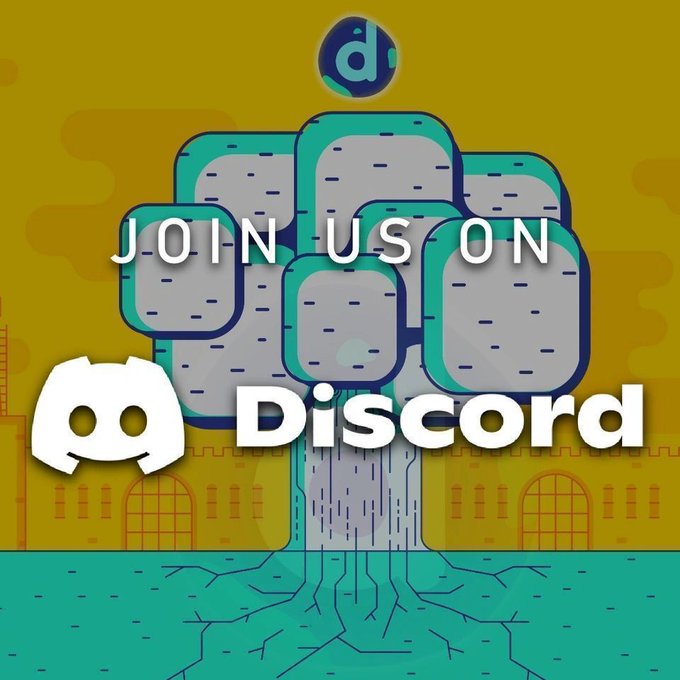 A graphic illustration features a tree made of Discord logos with the text 'JOIN US ON Discord' displayed prominently on a yellow and teal background.