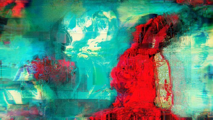 An abstract, glitch-art style image featuring distorted faces and figures in vibrant teal and red colors with paint-splatter effects.
