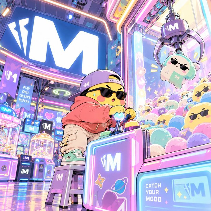 A vibrant anime-style illustration of a character in a red hoodie and sunglasses playing an arcade claw machine to catch round smiling characters, with 'IM' and 'M' logos and signs reading 'PLAY CHILL COLLECT REPEAT' and 'CATCH YOUR MOOD'.