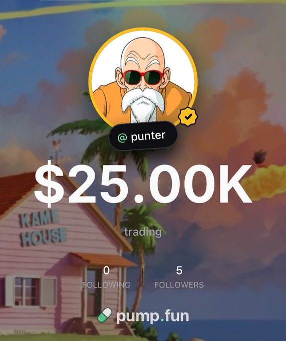A pump.fun profile page for @punter showing a $25.00K trading value with 0 following and 5 followers, featuring Master Roshi from Dragon Ball as the avatar.