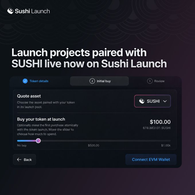The image displays a Sushi Launch interface showing a token launch setup where SUSHI is selected as the quote asset, with an optional initial buy slider set at $100.00 (619.88 SUSHI) to atomically purchase the launched token, illustrating how users can now pair projects with $SUSHI as the quote asset on Sushi Launch via Robinhood Chain.