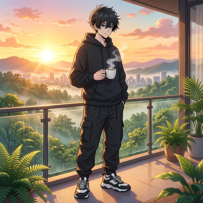 An anime-style illustration of a young man with dark hair in a black hoodie and cargo pants holding a steaming cup on a balcony overlooking a scenic sunset cityscape with mountains and greenery.