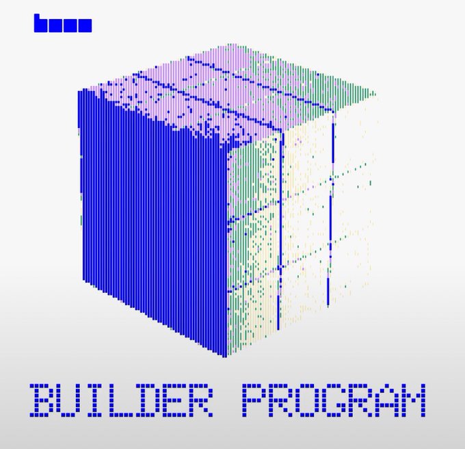 A pixelated, cube-like graphic featuring blue, green, and pink vertical lines sits between the text "base" at the top and "BUILDER PROGRAM" at the bottom, illustrating the Base Builder Grant program mentioned in the post, which offers up to $5,000 in seed funding and ecosystem support for onchain builders.