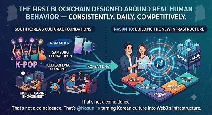 An infographic titled 'THE FIRST BLOCKCHAIN DESIGNED AROUND REAL HUMAN BEHAVIOR' connecting South Korean cultural foundations (K-POP, Samsung Global Tech, gaming) to NASUN_io's blockchain infrastructure with elements like 'Daily Rivalries' and 'Consistent Play'.