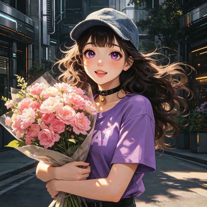 An anime-style illustration shows a smiling girl with long wavy brown hair wearing a purple t-shirt, denim cap, and choker, holding a bouquet of pink and peach carnations wrapped in cellophane. Her shirt features partially visible text reading "A1," and she stands in a sleek futuristic urban street setting with glowing architectural details.