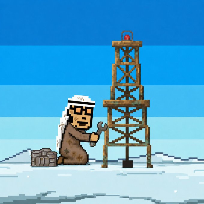 A pixel-art illustration shows a frozen, bearded figure in Arab headdress holding a wrench beside a broken, rusted drilling rig topped with a red light, sitting on a snowy landscape. The post references the rig malfunction in the cold environment to humorously reinforce a bullish stance on oil ($OIL), using the frozen engineer as a symbol of operational challenges that haven't dampened confidence in the commodity.