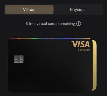 The image shows a virtual Visa Signature credit card interface with tabs for "Virtual" and "Physical" options, indicating "6 free virtual cards remaining." The card features a sleek black design with gold accents, relating to the ether.fi promotion offering 15% cashback and a referral code for their crypto card services.