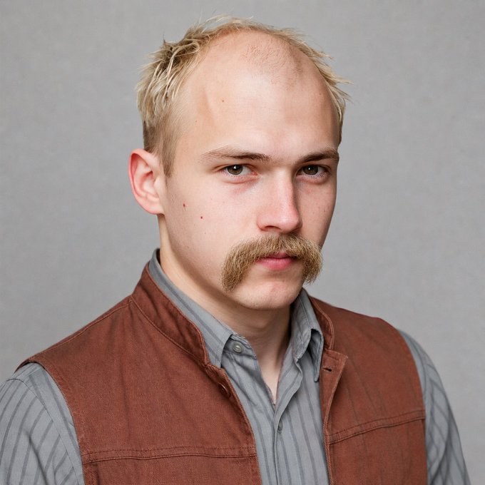 A portrait of a young man with short blonde hair and a distinctive handlebar mustache, wearing a brown suede vest over a gray striped button-up shirt, against a plain gray background.