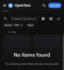 A mobile screenshot of the OpenSea NFT marketplace showing an empty search for 'Rarity: 1-100' with 'No items found' displayed.