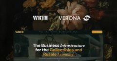 Website hero for 'WKTH' and 'VERONA' featuring a dark floral background with the tagline 'The Business Infrastructure for the Collectibles and Resale Economy.'