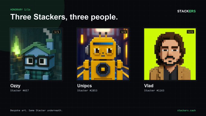 A promotional graphic for "stackers.cash" showcases three Honorary 1/1 Stackers as pixel art portraits: Ozzy (Stacker #657), Unipcs (Stacker #2853), and Vlad (Stacker #1163), matching the accompanying post detailing these unique collectible tokens for the named individuals.