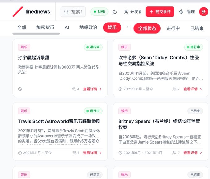 A screenshot of the Lined.news event tracking website displays its "Entertainment" (娱乐) tab, showcasing tracked stories such as Sun Yuchen suing Justin Sun, Sean 'Diddy' Combs' sexual assault allegations, the Travis Scott Astroworld tragedy, and Britney Spears' conservatorship. The interface highlights ongoing investigations with green "进行中" (In Progress) badges and ended events marked "已结束" (Ended), aligning with the post's description of a new event-tracking tool that monitors multiple ongoing stories, including those tied to Sun Yuchen.