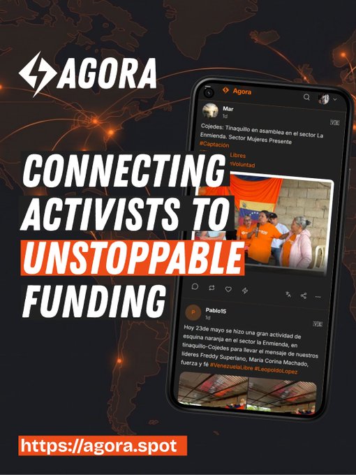 The image features a cell phone displaying a social media app called Agora, which allows users to connect with others around the world through various platforms like Twitter, Instagram, and Facebook. The text on the screen reads "Connecting Activists To Unstoppable Fundraising", indicating that the app is designed for activists who want to raise funds for their causes. The phone's screen also shows a map of the world, which could be used by users to locate specific fundraising campaigns or events happening around the globe.