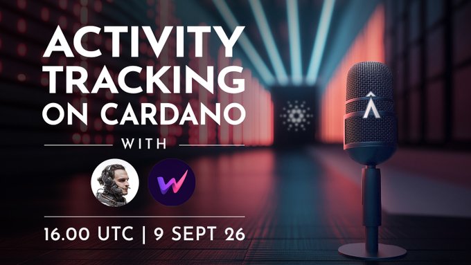 A promotional poster for 'Activity Tracking on Cardano' event scheduled for 16:00 UTC on 9 September 2026, featuring a microphone with the Cardano logo and a stylized background.