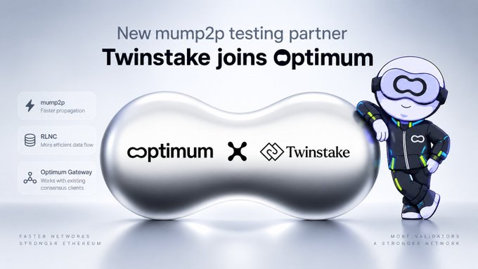 A promotional graphic announcing 'New mump2p testing partner: Twinstake joins Optimum' with a futuristic astronaut mascot and details about faster propagation and efficient data flow.